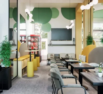 Prikaz prvog dela prostora za roditelje sa niskim i visokim sedenjem, velikim TV-om na zidu i šankom za pripremu pića.